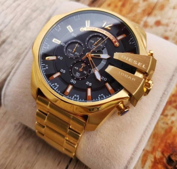 Diesel Mega Chief Chronograph Full Gold Black Dial Men's Watch