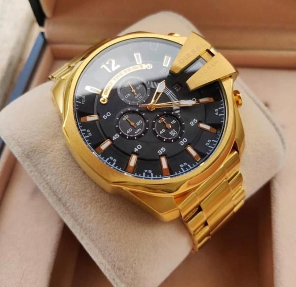 Diesel Mega Chief Chronograph Full Gold Black Dial Men's Watch