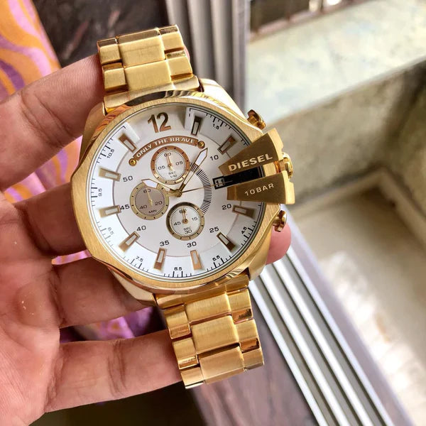 Diesel Mega Chief Chronograph Full Gold White Dial Men's Watch